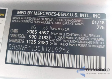 2018 Mercedes-Benz C 300 из США, поврежденный, VIN 55SWF4JB5JU259262